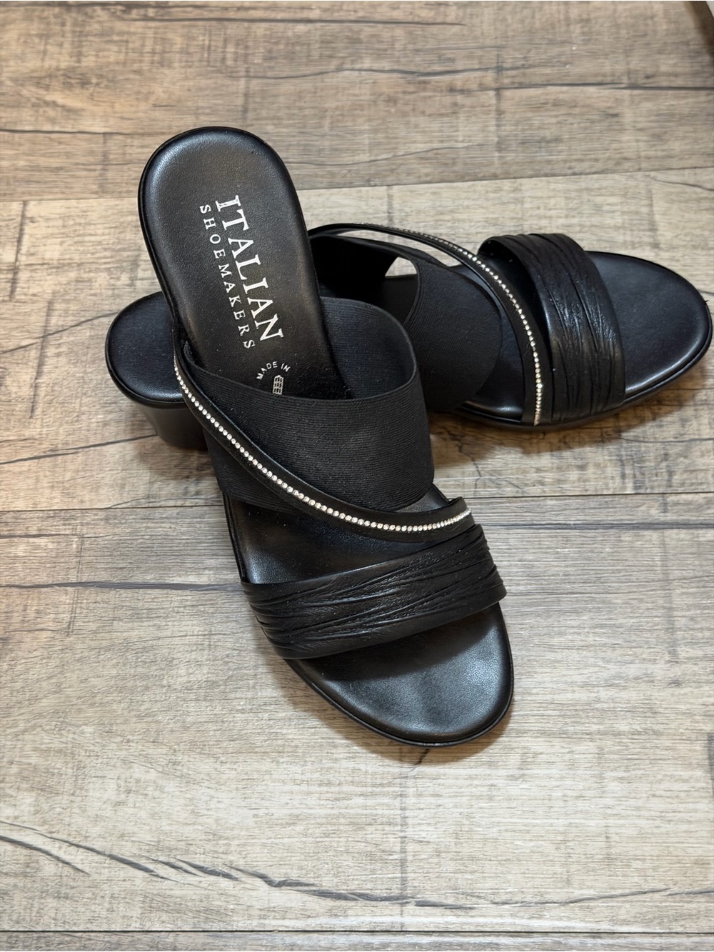Italian Shoemakers Black Slide Wedges with Crystal Trim size 9